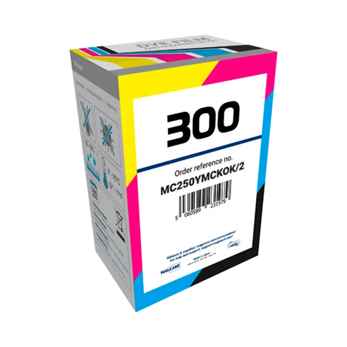 Box of Magicard MC250YMCKOK Color Ribbon – 250 dual-sided prints. Packaging shows part number “MC250YMCKOK” and is clearly labeled “Magicard 300,” confirming compatibility. Includes full YMCKOK ribbon: Yellow, Magenta, Cyan, front-side Black, Overlay panel, and a second Black for back-side printing. Blue retail packaging displays bold color coding and Magicard branding. Sold by Specialist ID, an authorized Magicard dealer.