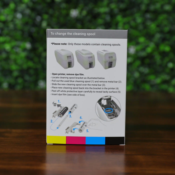 Instructional box with images and step-by-step guidance for changing the cleaning spool in select printers using the Magicard MC250YMCKOK Ribbon (250 dual-sided full-color prints), making the process easy to follow. Photographed and sold by Specialist ID, an authorized Magicard dealer.