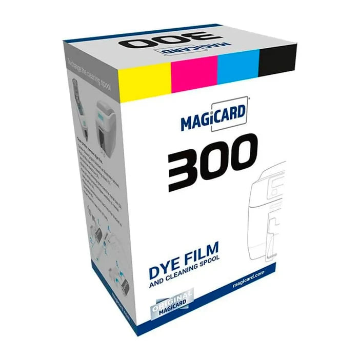 Box of Magicard MC300YMCKO YMCKO Color Ribbon - 300 Prints dye film and cleaning spool with colorful top, shown at an angle displaying product information and branding for the Magicard MC300YMCKO, ideal for full-color card printing. Sold by Specialist ID, an authorized Magicard dealer.