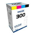 Box of Magicard MC300YMCKO YMCKO Color Ribbon - 300 Prints dye film and cleaning spool with colorful top, shown at an angle displaying product information and branding for the Magicard MC300YMCKO, ideal for full-color card printing. Sold by Specialist ID, an authorized Magicard dealer.
