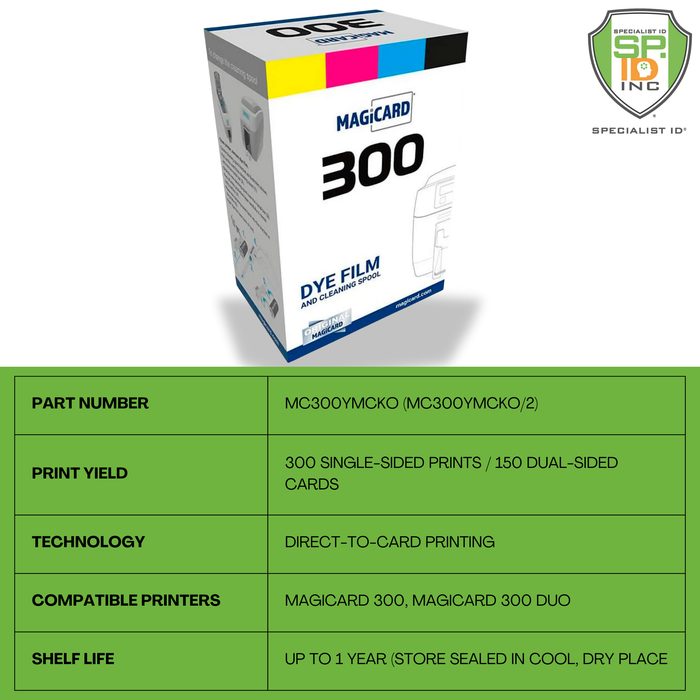 A Magicard MC300YMCKO Ribbon box for 300 vibrant, durable ID prints, shown with a table of product details: part number, print yield, technology, compatible printers, and shelf life.