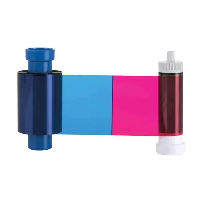The Magicard MD100YMCKO YMCKO Ribbon, compatible with the Pronto100 ID Card Printer and capable of producing 100 prints, features segments of black, blue, pink, and transparent film. It's perfect for full-color card printing, producing vibrant images and clear text. Sold by Specialist ID, an authorized Magicard Dealer.