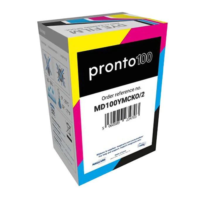 Retail packaging for Magicard MD100YMCKO color ribbon, compatible with the Pronto100 ID Card Printer. The box shows barcode, part number MD100YMCKO/2, and full-color printing icons. Sold by Specialist ID, an authorized Magicard Dealer.