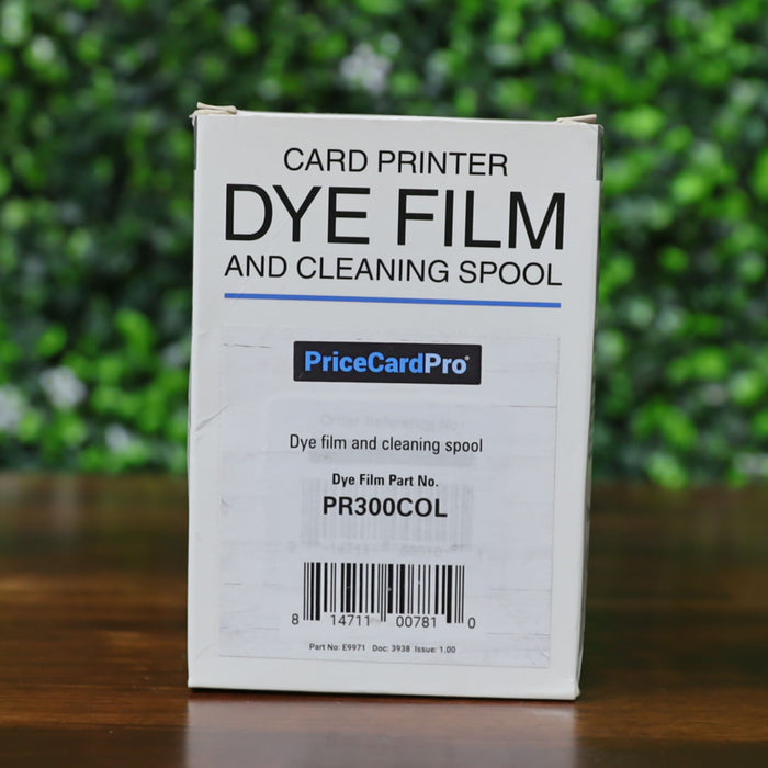 Front panel of the Magicard PR300COL dye film and cleaning spool box showing part number, barcode, and PriceCardPro branding. Photographed and sold by Specialist ID, an authorized Magicard dealer.
