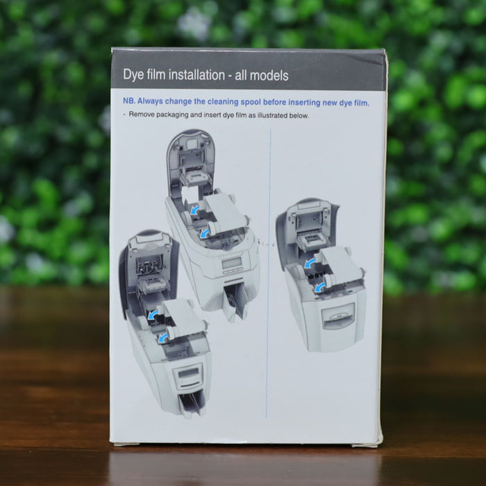 Back view of the Magicard PR300COL YMCKO ribbon box showing dye film installation instructions for all compatible Magicard printers. Photographed and sold by Specialist ID, an authorized Magicard dealer.