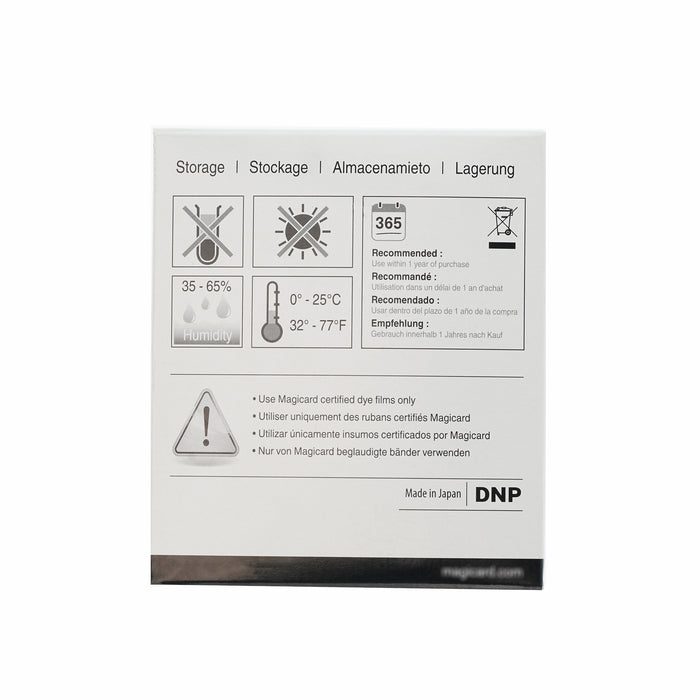 White packaging for Magicard PRIMA436 Retransfer Film (for Prima 4 & 8, 1,000 prints) features storage instructions, temp/humidity icons, safety warnings in multiple languages, plus DNP, Prima 8 & Made in Japan labels at the bottom.