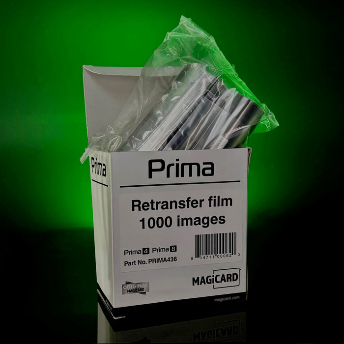 A box of Magicard PRIMA436 Retransfer Film for Prima 4 and Prima 8, 1,000 prints, is shown with film rolls partially wrapped in plastic against a green background.