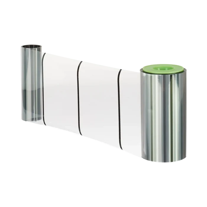 The Matica PR000819 Retransfer Film, capable of delivering up to 1000 prints, features clear plastic film with black stripes positioned perpendicularly. It is wound around two cylindrical spools and includes a green core on one spool, making it ideal for Matica ID card printers and retransfer printing technology.