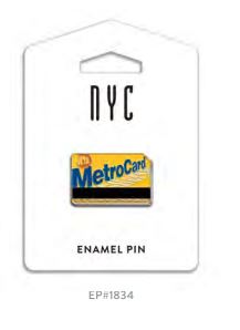 This MetroCard enamel pin is displayed on flat white packaging featuring “NYC”, an image of the pin, and the text “ENAMEL PIN” at the bottom. The pin itself is a small, rounded rectangle measuring about 1.25 by 0.8 inches, echoing the look of a real MetroCard. It showcases bright yellow enamel set in warm gold tone metal, with raised “MetroCard” lettering, a black swipe strip along the bottom, and a small raised MTA logo. The smooth metal back includes two secure pin posts for easy wear.