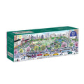 A colorful panoramic illustration of Central Park on a summer day in New York City. People walk along winding park paths while cyclists ride by, and families relax on the grass. The iconic Central Park Carousel is bustling with riders, while the Lake glistens in the sunshine with small boats plying the water. The Great Lawn is filled with picnickers and outdoor activities. Along Central Park South, yellow taxis, pedicabs, and a horse-drawn carriage travel, set against a skyline of tall Manhattan buildings.