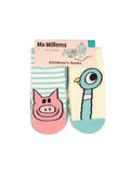 The pink card socks holder has "Mo Willems - Children's Socks" written in black on it. One sock shows a line drawing of a smiling pink pig against a blue stripe background, the other shows blue bird with a long neck and big bold eyes and a yellow beak against a lemon-yellow background.