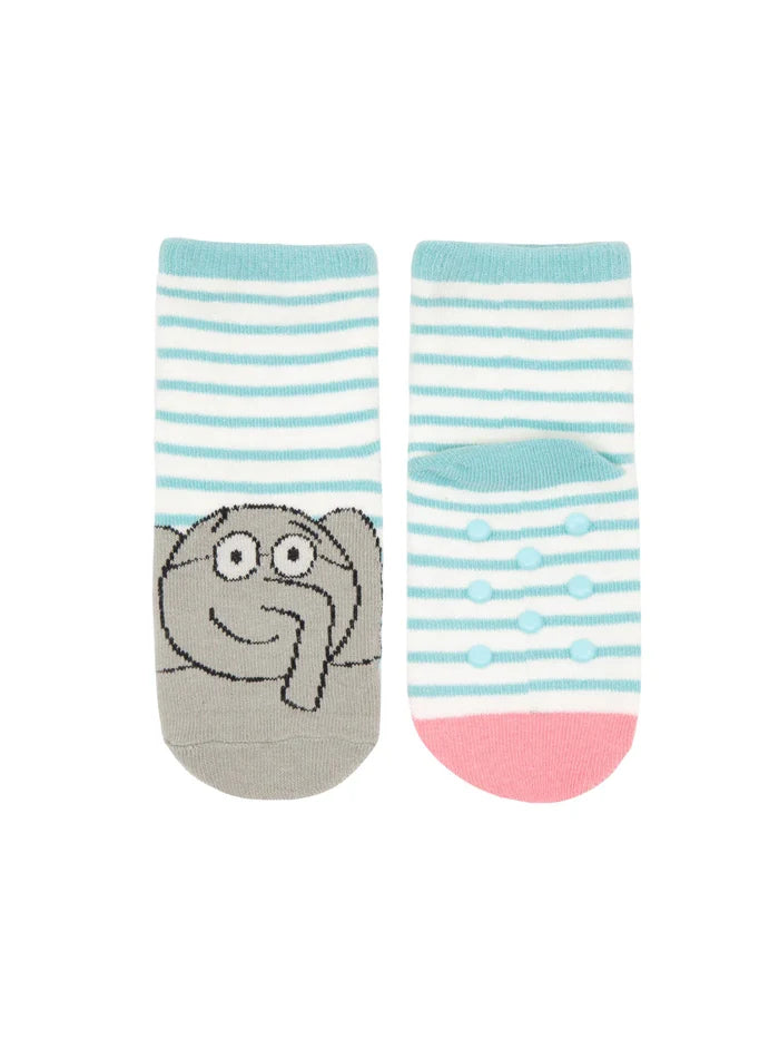 A pair of light blue striped toddler socks. One sock shows a simple line drawing of a smiling gray elephant wearing glasses. The other sock is shown from the bottom, with rubberized anti‑slip dots and a pink toe.