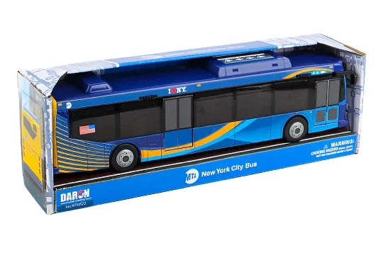 Shown in its packaging, the officially licensed MTA toy bus features the iconic “I ❤️ NY” logo on the new blue livery. The design includes layered shades of transit blue with flowing yellow wavy accents, creating a sense of motion and energy, along with modern graphics that reflect New York City’s fresh, forward‑looking fleet style.