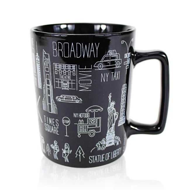 Black mug with white New York-themed illustrations on a white background