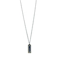 Silver necklace with a rectangular pendant on a white background