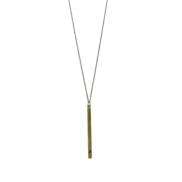 Shown on a white background, the Long Whistle Necklace features a slim, four‑inch raw brass whistle pendant hanging from a long antiqued brass cable chain. The whistle is fully functional with a crisp sound and has a smooth cylindrical shape that feels solid and slightly cool to the touch. The long chain closes with a lobster clasp and allows the piece to hang low on the chest or be wrapped for a shorter fit, giving the necklace a vintage, utilitarian look with both decorative and practical purpose.
