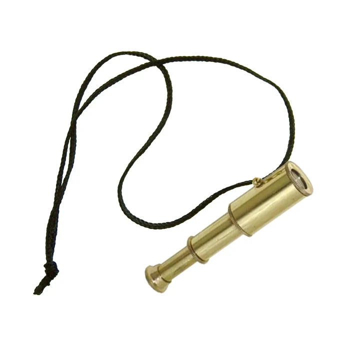 Shown on a white background, this necklace features a small, three‑inch brass telescope hanging from a simple black cord. The telescope feels smooth, solid, and slightly cool, with three sliding sections that extend and collapse with a gentle clicking motion. It has rounded ends with glass lenses and a lightweight, vintage nautical feel, and it is fully functional for looking through as well as wearing.