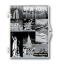 Packaging of New York mini magnets with black and white images of famous landmarks.