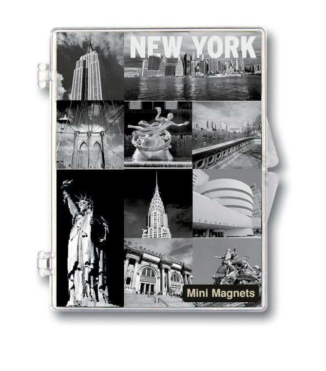 Packaging of New York mini magnets with black and white images of famous landmarks.