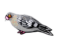 A handcrafted papier-mâché pigeon in gray, black, and white sits against a white background. It features soft feather patterns, a hint of green and orange on the neck, a white-and-pink beak, and a vivid eye with a black pupil ringed in yellow and red.
