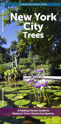 Folding pocket guide title: New York City Trees. The cover photograph depicts Central Park’s Conservatory Garden lily pool, water lilies in bloom up front, a statue rising quietly behind. The title appears at the top.