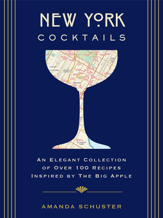 Book cover of New York Cocktails by Amanda Schuster, featuring a vibrant blue background, ornate gold Art Deco framing, and an elegant cocktail glass filled with a stylized New York City map in pale yellow, red, blue, and green.