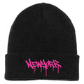 The image features a blavk acrylic knit cap with a folded cuff, accented by magenta pink melting block-letter text spelling “New York.”
