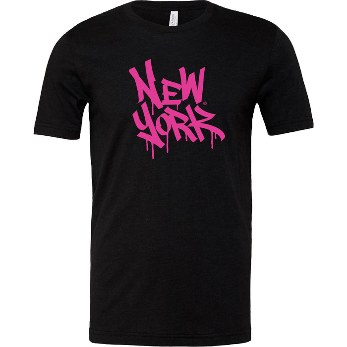 This T‑shirt features the words ‘New York’ in large graffiti‑style fuchsia pink letters that appear to drip like wet paint against a black background. Made from a soft cotton‑poly blend, it’s both comfortable and stylish.