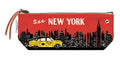 This small zippered pouch features a red background with a black silhouette of the New York City skyline. Bright white lights glow from the buildings, with the words “See New York” written above in white cursive and block lettering. A vintage yellow taxi appears at the lower left, and a small white circle with “10¢” sits at the top right, giving the design a nostalgic feel. The pouch is made of cotton, stands upright when open, and closes with a zipper and leather pull.