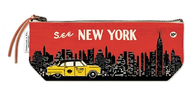This small zippered pouch features a red background with a black silhouette of the New York City skyline. Bright white lights glow from the buildings, with the words “See New York” written above in white cursive and block lettering. A vintage yellow taxi appears at the lower left, and a small white circle with “10¢” sits at the top right, giving the design a nostalgic feel. The pouch is made of cotton, stands upright when open, and closes with a zipper and leather pull.