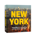 Book cover of New York: Treasures from the Museum of the City of New York, featuring the title "New York" in large, bold yellow lettering above the subtitle. The cover is set against a vibrant photograph of the New York City skyline at dusk, illuminated with colorful city lights beneath a deepening blue evening sky.