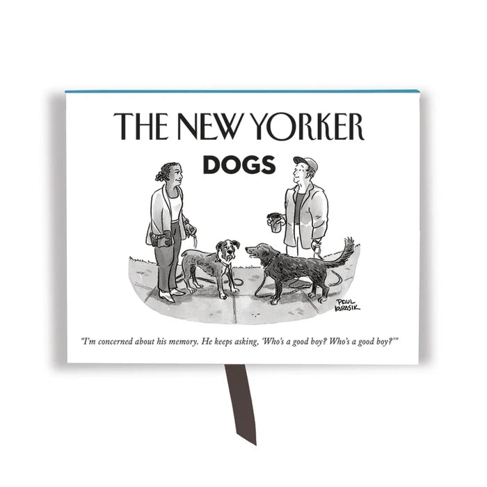 New Yorker Dogs Boxed Notes — 
A sturdy rectangular box with a smooth surface holds a stack of flat note cards and envelopes. The box opens on a hinge and includes a small satin ribbon tab inside. The cards are standard postcard size with a matte finish. Each one features a simple, high‑contrast cartoon dog illustration—clean lines, no raised textures. There are five different designs, four cards of each, all lightweight and easy to handle.
