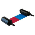 A NiSCA NGYMCKOK2 YMCKOK Ribbon - 210 prints with blue and red ink segments is stretched between two black cylindrical spools, ensuring quality dual-sided printing.