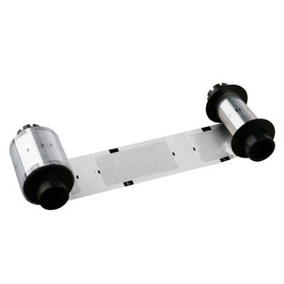 A clear plastic ribbon cartridge with two black spindles, used for printing and mounted with a transparent film, ideal for ID card protection when using the NiSCA PR-C101 printer. This product is also known as the Nisca NiscaClear250 Patch Overlamination Ribbon Ribbon.