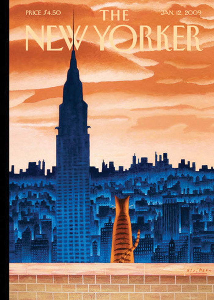New Yorker magazine cover with a cat looking at the New York City Skyline.