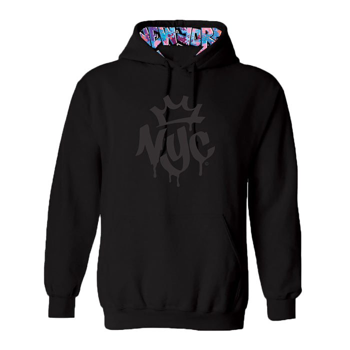 This adult unisex black hoodie features black graffiti-style “NYC” lettering that drips like fresh paint across the black exterior, topped with a black crown graphic above the lettering for a bold street art edge. Inside, a multi colored “NEW YORK” in blue, pink, and purple pops with contrast. Made from a super soft 52% cotton, 48% polyester blend, it has a relaxed unisex fit and comes in sizes Small to 2XL.