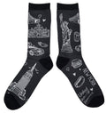 Pair of socks with white illustrations of NYC  icons on a black background.
