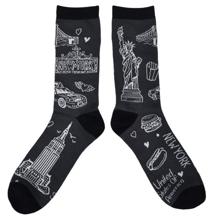 Pair of socks with white illustrations of NYC  icons on a black background.