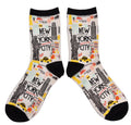Pair of socks with multicolored illustrations of NYC  icons on a white background.