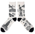 Pair of socks with black ink illustrations of NYC  icons on a white background.