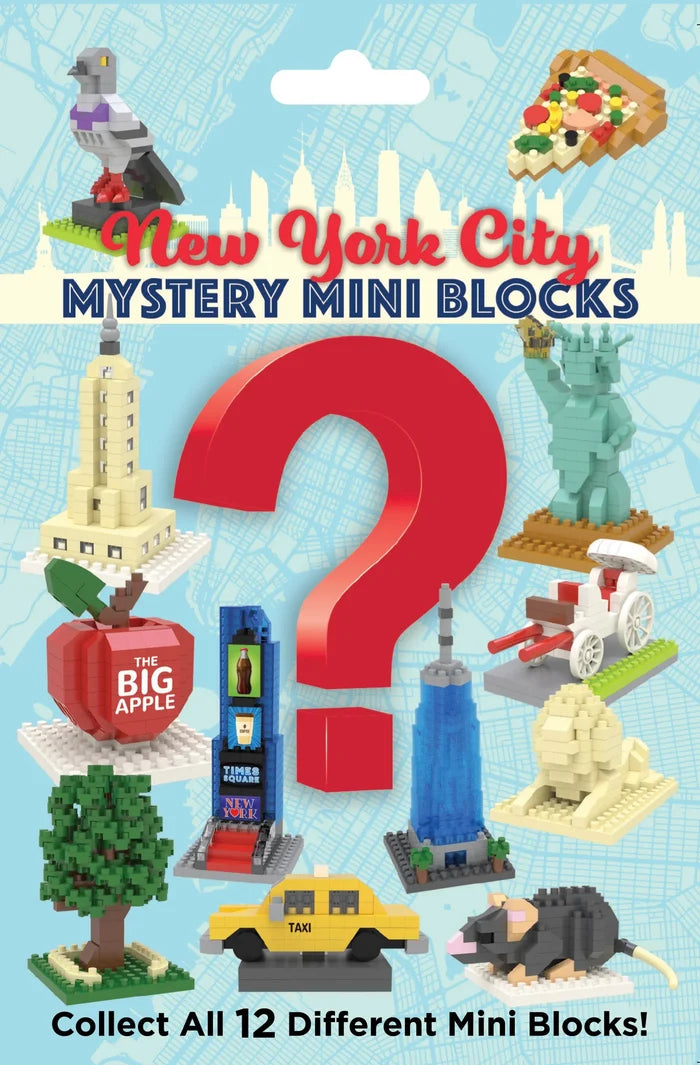 Packaging of New York City mystery mini blocks with various iconic items and a question mark.