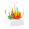 A hand‑blown glass snow globe about 4 inches wide and 4.5 inches tall. Inside is a raised resin scene of New York City landmarks, including the Statue of Liberty and the Washington Square Arch, sculpted with distinct textures and hand‑painted in bright rainbow colors. The globe sits on a solid square white personalizable resin base with clean edges and a stable weight.