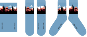 Soft, everyday light blue socks with New York City flair. “New York” is printed in black along the sole, while a wraparound cuff features a skyline of simple silhouettes, including the Statue of Liberty and the Empire State Building. Made from a cotton polyester blend, they fit most adults and teens, are machine washable, and are perfect for wearing—or gifting.
