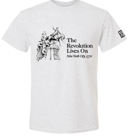 A soft white T‑shirt with bold black graphics on the front. The design includes large lettering that reads striking “Occupied City Tee: The Revolution Lives On,” above and below a high‑contrast scene of a crowd pulling down a statue with ropes. The fabric feels smooth and comfortable. On the left sleeve, there is a small square black‑and‑white logo for the Museum of the City of New York.