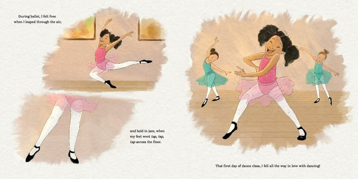 The scene shows a happy young Jennifer Jones dancing in fun, lively poses, with simple descriptions of her movements. On the next page, she is in a dance class wearing a bright pink tutu, a white leotard, and black ballet shoes. Two other dancers stand behind her in green tutus, holding classic ballet poses.