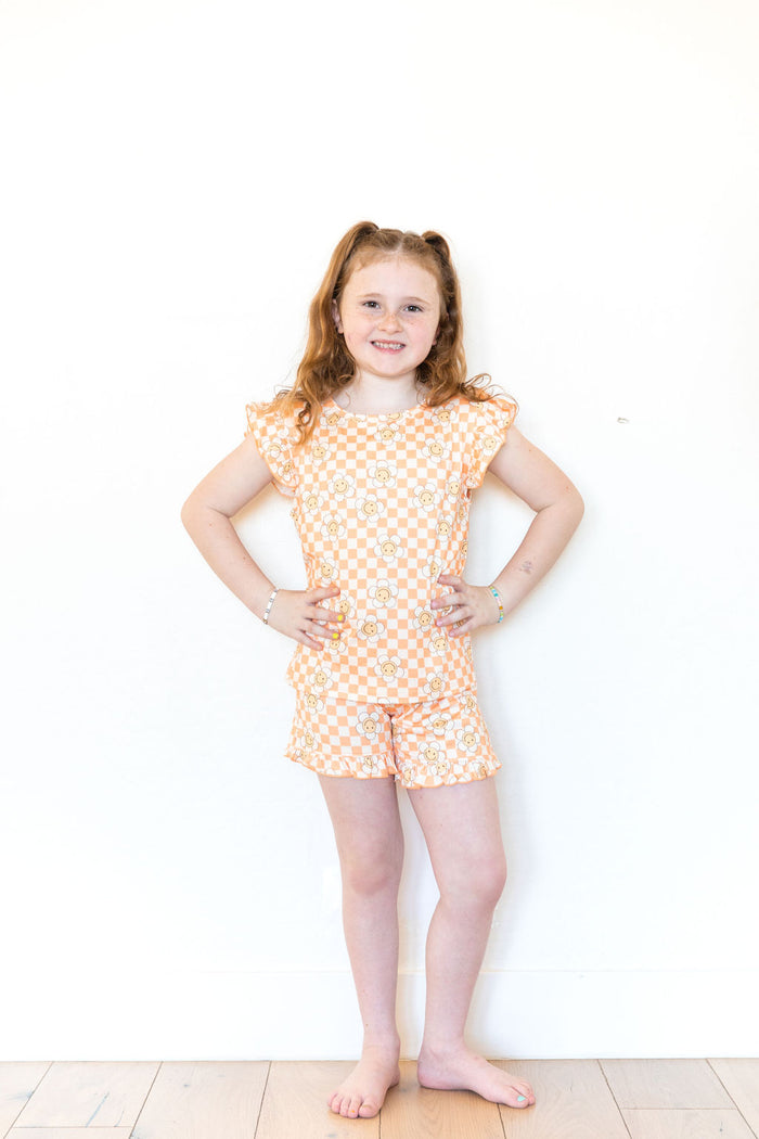 ORANGE SMILEY CHECKER | RUFFLE SHORT SET