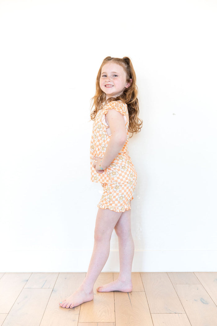 ORANGE SMILEY CHECKER | RUFFLE SHORT SET
