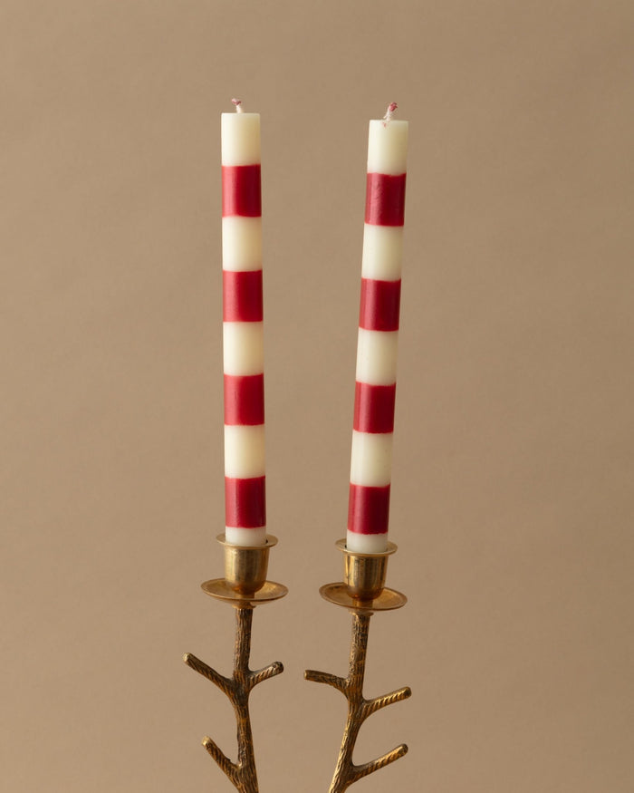 Pair of Red Striped Taper Candles - Lone Fox