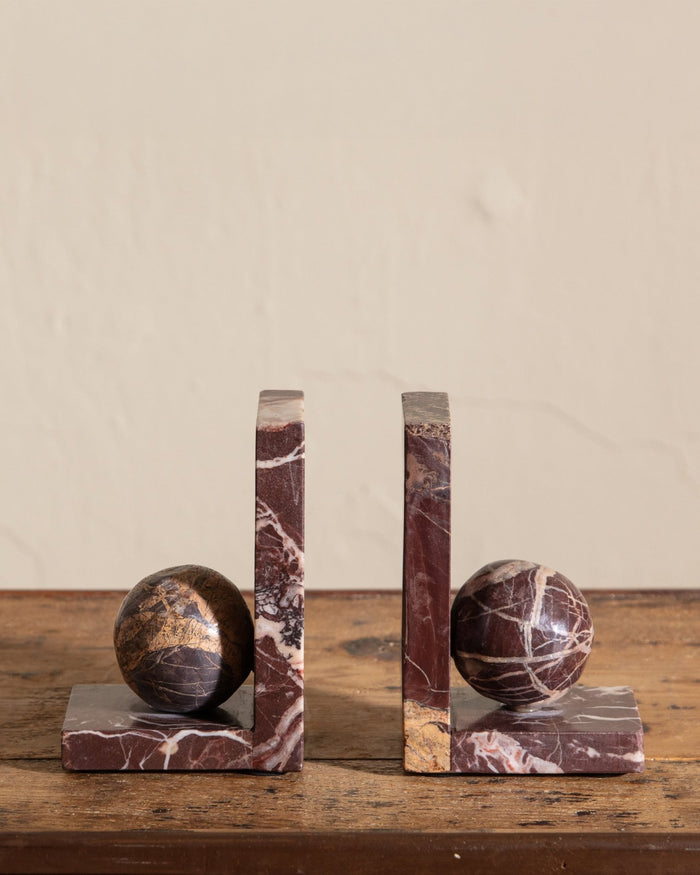 Pair of Rosso Levanto Marble Sphere Bookends - Lone Fox
