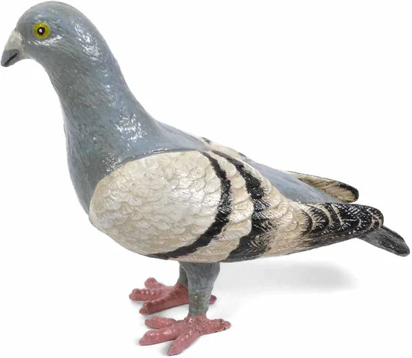 Features a solid cast iron pigeon figurine facing left in profile, hand-painted in soft shades of grayish blue, white, and black, with a lightly distressed finish that gives it a vintage look; each piece is individually hand-finished, so slight variations in color and detailing are to be expected.